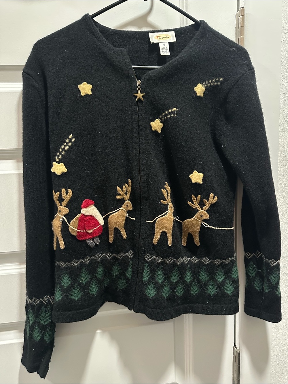 Talbots  Black Holiday Reindeer Zip Cardigan with Santa